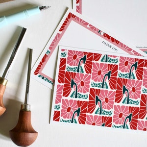 Pink & Red Linocut Flowers Correspondence Cards - Set of 8 | Block Print Pattern note cards, thank you, blank / Writing Set with envelopes