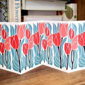Linocut Tulip Card Single Concertina Card with Envelope / Lino print tulip flowers card / Colourful red, pink & blue folded greeting card image 4