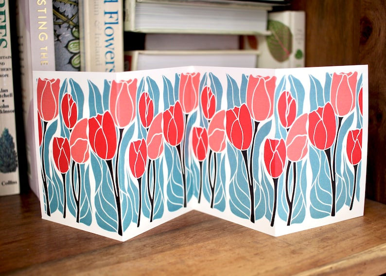 Linocut Tulip Card Single Concertina Card with Envelope / Lino print tulip flowers card / Colourful red, pink & blue folded greeting card image 4