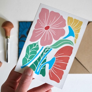 Linocut Bright & Beautiful Floral Greeting Card - Single Card and Envelope / Lino Print Flower Greeting Card / Happy, colourful flowers card