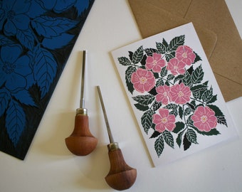 Linocut Dog Rose Greeting Card - Single Card with Envelope / Lino Print Floral Greeting Card / Wild Rose Art Print Card / Linocut briar rose