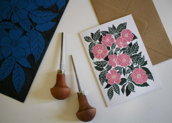 Linocut Dog Rose Greeting Card - Single Card with Envelope / Lino Print Floral Greeting Card / Wild Rose Art Print Card / Linocut briar rose