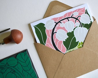 Lily of the Valley Linocut Card – May Birthday Flower Card & Envelope
