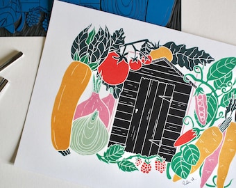 Linocut 'On the Allotment' Art Print | Colourful Growing Wall Art / A4 Art Print on Cotton Paper / Garden, allotment & growing lino artwork