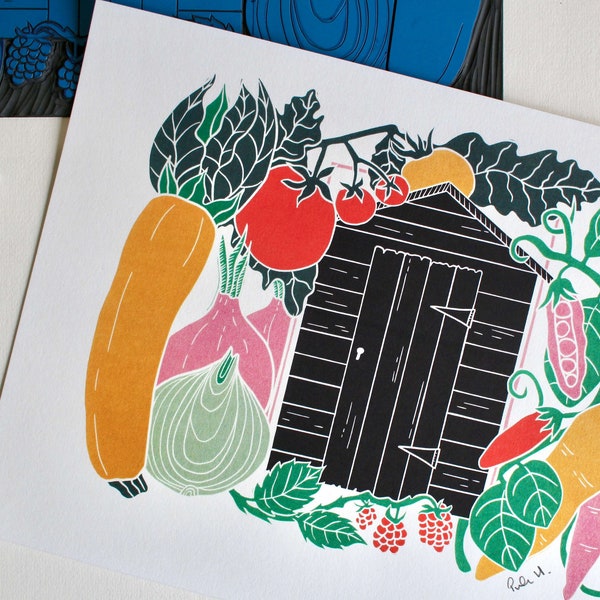 Linocut 'On the Allotment' Art Print | Colourful Growing Wall Art / A4 Art Print on Cotton Paper / Garden, allotment & growing lino artwork