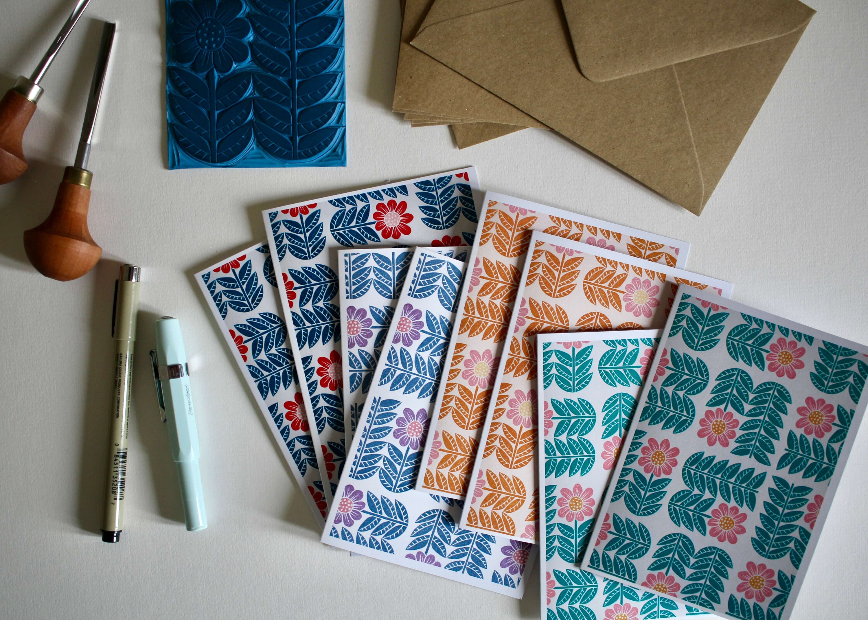 Garden Flower Block Print Pattern Notecards - - Set of 8 Floral Cards ...