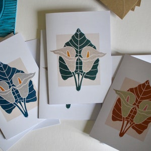 Calla Lily Flower Block Print Notecards - Set of 8 | Block Print Note Cards / Thank You Cards / Colourful Correspondence Cards & Envelopes