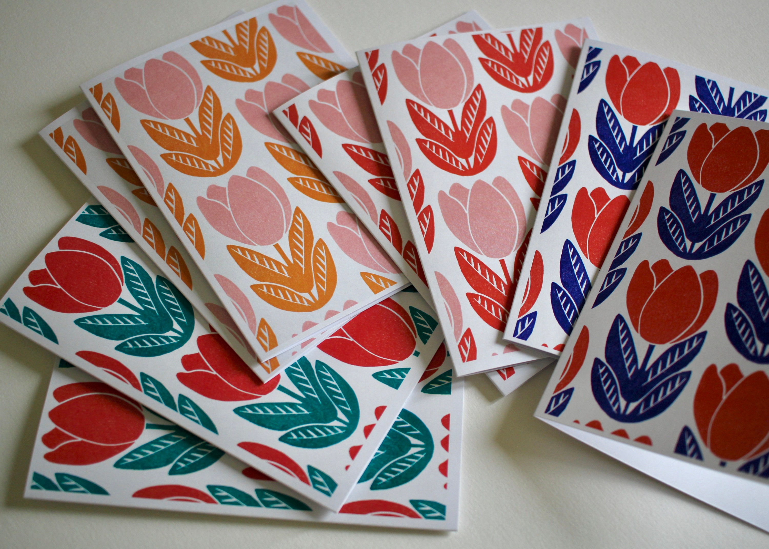 Tulip Flower Block Print Notecards - Set of 8 | Linocut Pattern Note ...