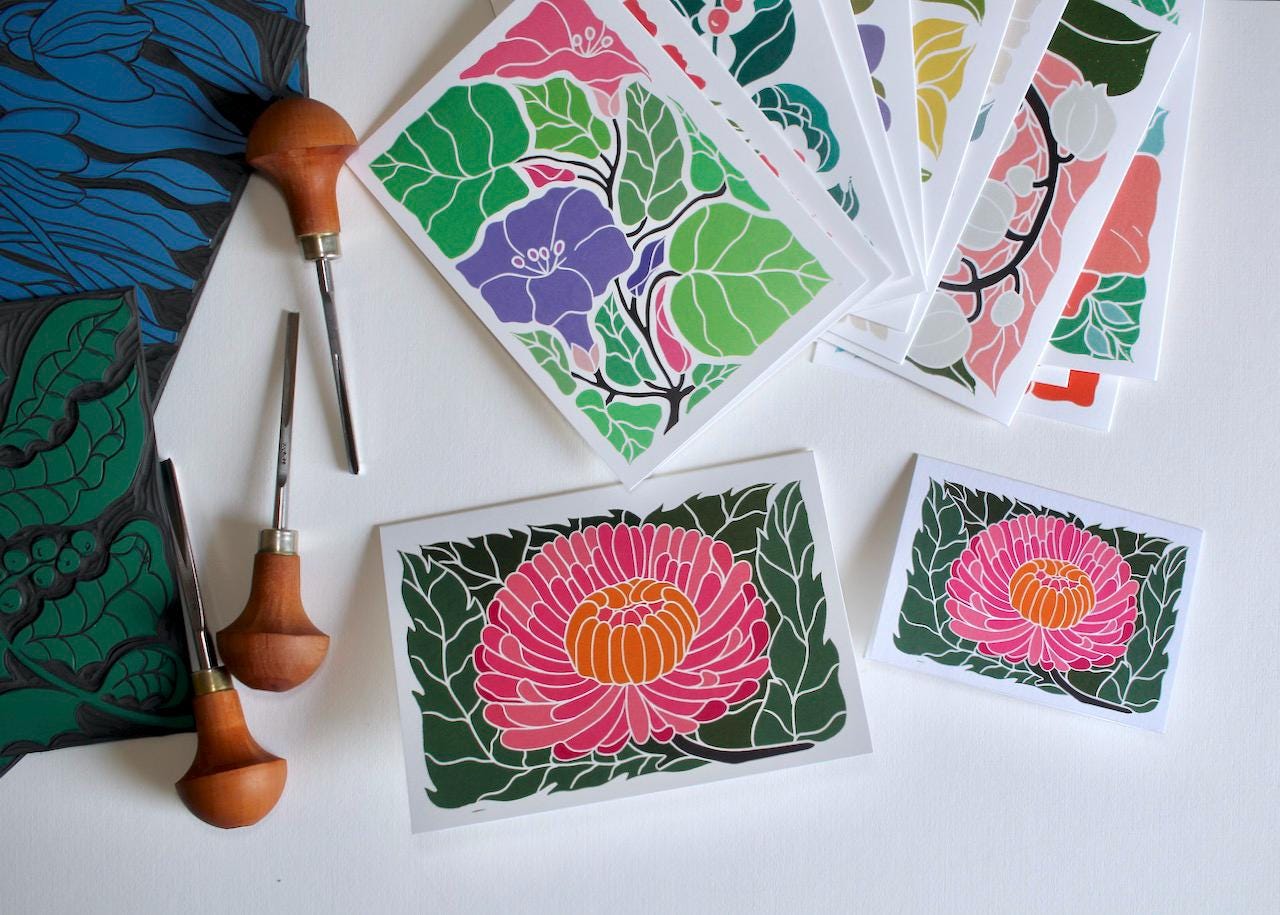 Linocut Notes Birth Flower Linocut Art Note Card Set: Pack of 12 Cards & Envelopes - Etsy