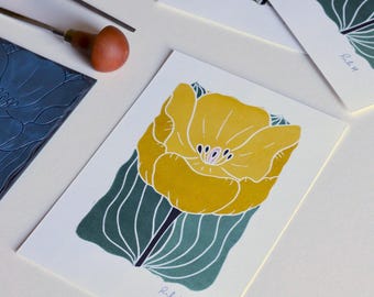 Linocut Tulip Art Print: Yellow Spring Flower on Cotton Paper