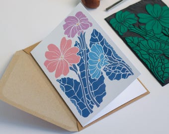 Primroses in the Moonlight Linocut Flower Card (Blank Inside) | Luxury Single Card & Envelope
