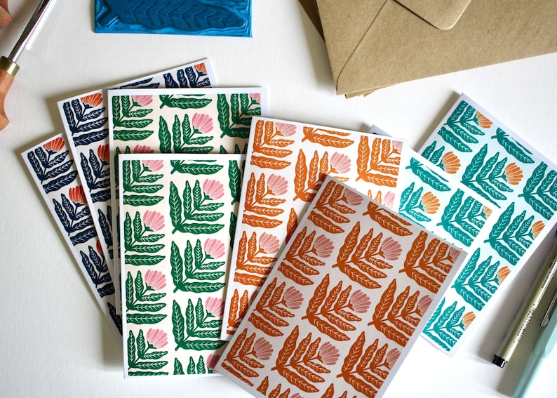 Dandelion Flower Block Print Notecards - Set of 8 | Linocut Floral ...