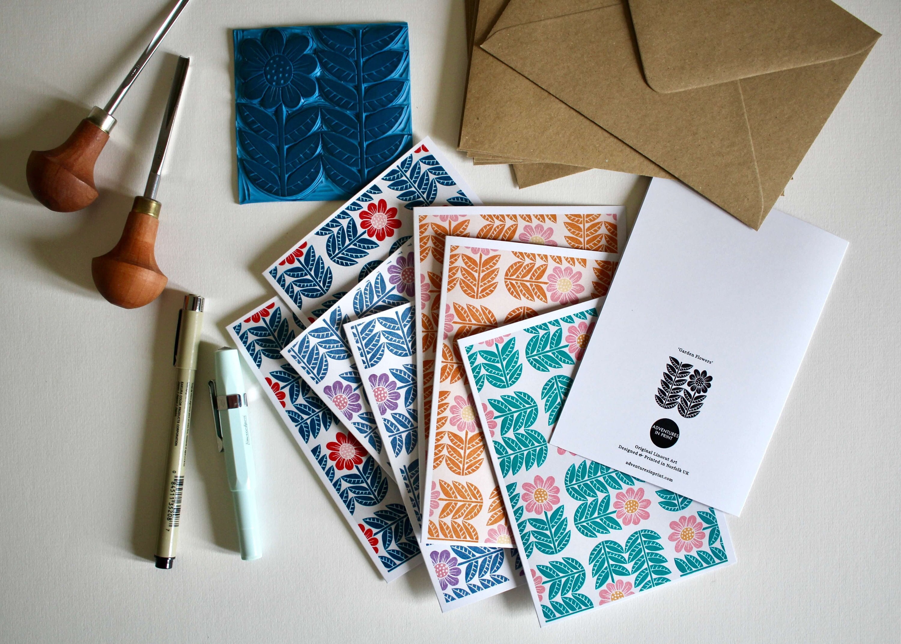 Garden Flower Block Print Pattern Notecards - - Set of 8 Floral Cards ...