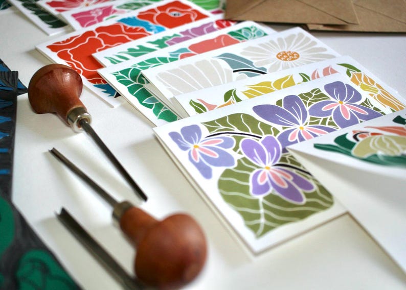 Linocut Notes Birth Flower Linocut Art Note Card Set: Pack of 12 Cards & Envelopes - Etsy