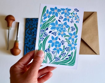 Forget-Me-Not Linocut Artwork Card: Floral Greeting Card with Envelope