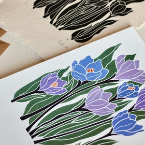 Joy Bloom Crocus Flowers Linocut | A5 or A4 Art Print on Cotton Paper