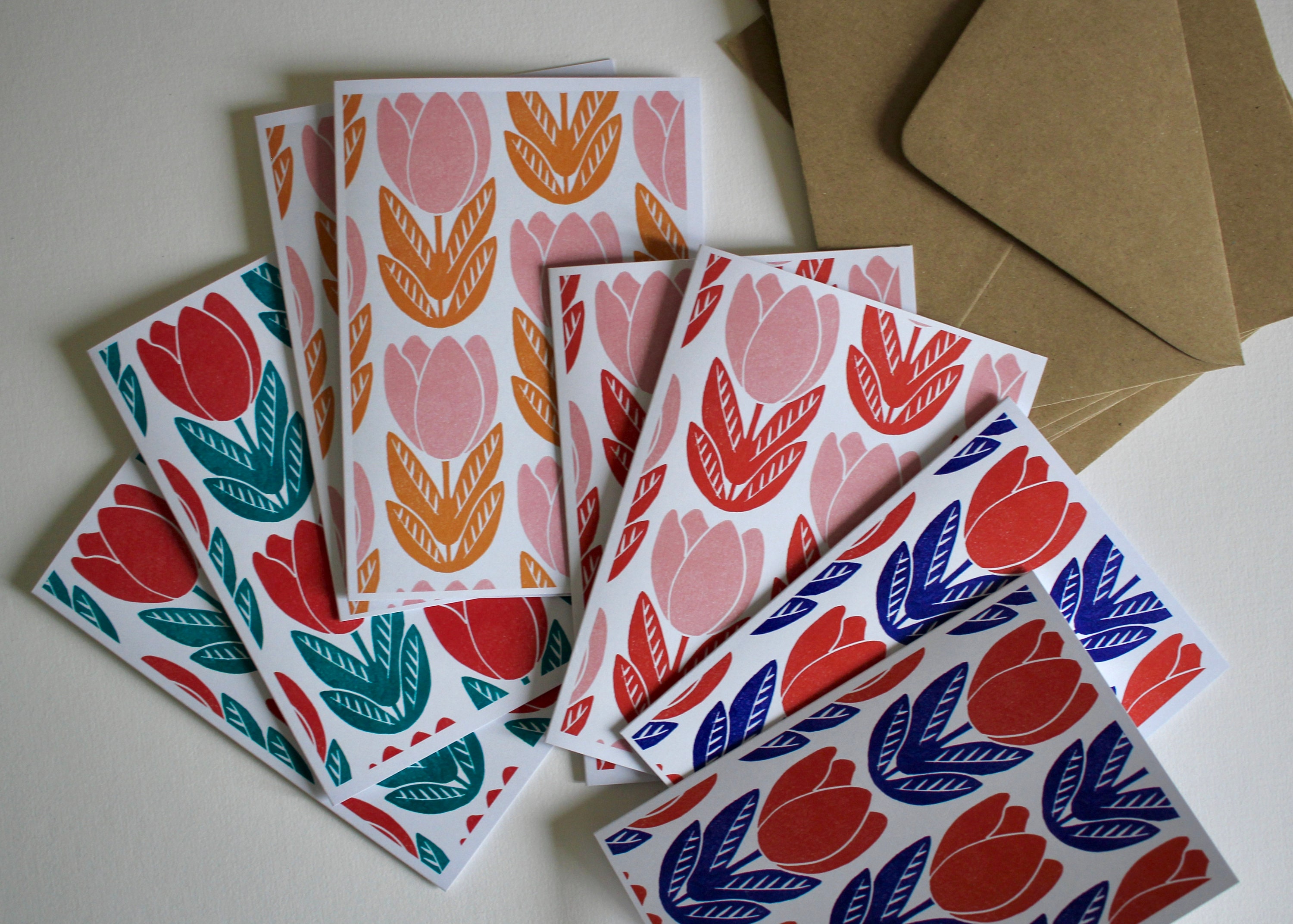 Tulip Flower Block Print Notecards - Set of 8 | Linocut Pattern Note ...