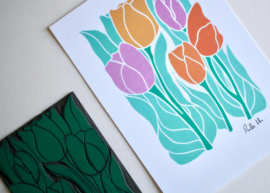 Linocut Spring Tulips Art Print | Pastel Spring Flowers Linocut Wall ...