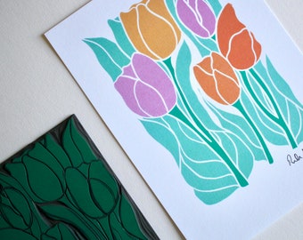 Linocut Spring Tulips Art Print | Pastel Spring Flowers Linocut Wall Art / A5 or A4 Art Print on Cotton Paper / Bright Tulip linocut artwork