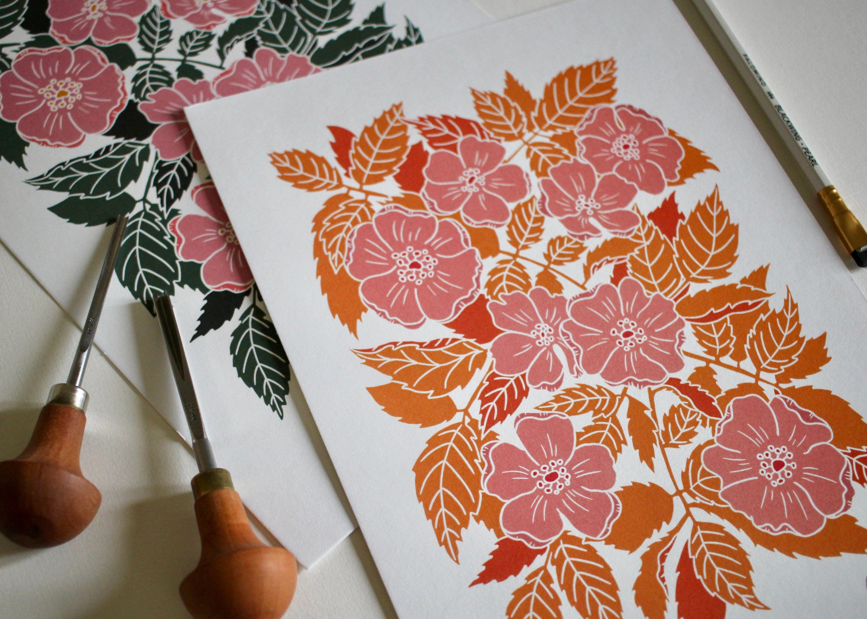 Dog Rose Linocut Artwork Print: Pink & Orange Floral, A4 Cotton Paper