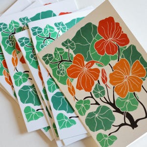 Cartes de correspondance capucine Heritage Kitchen | Lot de 8 cartes et enveloppes, oeuvre d'art en linogravure fleurs de capucines, papeterie plante de jardin - cartes A6