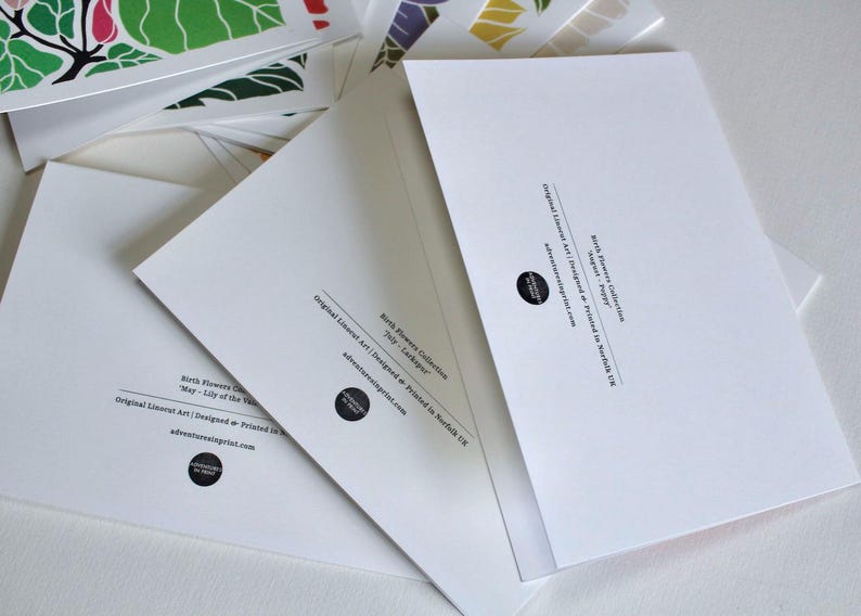 Linocut Notes Birth Flower Linocut Art Note Card Set: Pack of 12 Cards & Envelopes - Etsy