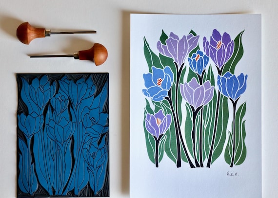 Crocus Flower Art Print: Colorful Linocut on Cotton Paper