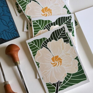Cartes de correspondance artistiques fleur de gardénia linogravure - Lot de 8 | Cartes de correspondance / correspondance, cartes de remerciement et enveloppes de gardénia blanc