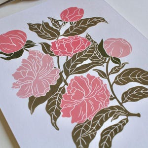Peonies Linocut Art Print: Pink Floral Design on A4 Cotton Paper