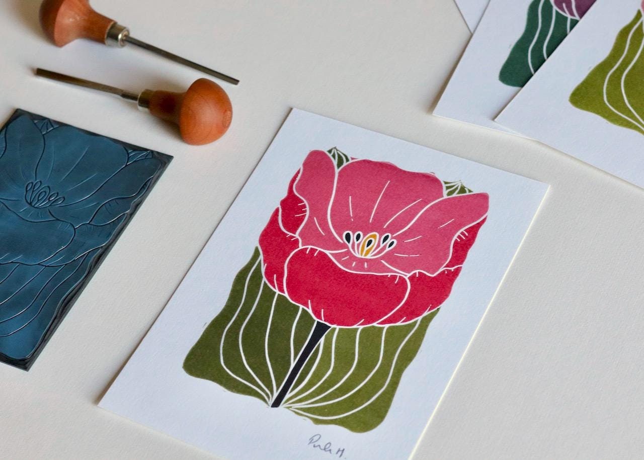 Linocut Tulip Art Print: Deep Pink Spring Flower on Cotton Paper