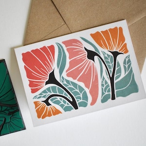 Carte de voeux florale heureuse linogravure - carte simple avec enveloppe / carte de voeux florale impression lino / carte impression d'art fleurs abstraites