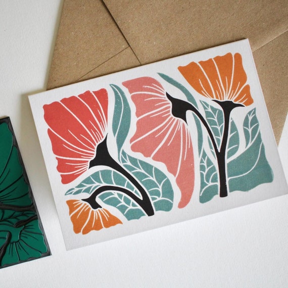 Linocut Happy Floral Greeting Card - Single Card with Envelope / Lino Print Floral Greeting Card / Abstract Flowers Art Print Card