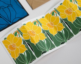Dancing Daffodil Garland Card (Linocut Yellow Spring Flowers) | Single Card & Envelope
