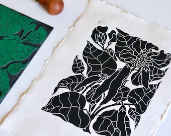 Runner Beans Linocut Print: Kitchen Garden Art on Cotton Rag