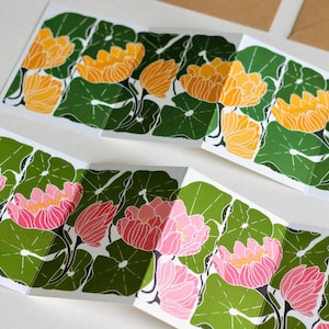 Summer Water Lilies Concertina Card | Single Card & Envelope, Folded garland floral card, Colourful summer water plant design, Doublesided