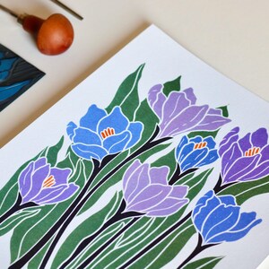 Joy Bloom Crocus Flowers Linocut | A5 or A4 Art Print on Cotton Paper