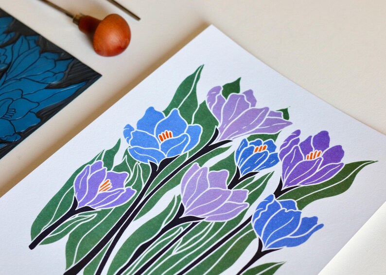 Joy Bloom Crocus Flowers Linocut | A5 or A4 Art Print on Cotton Paper