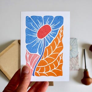 Carte de voeux florale « Joy » linogravure - carte simple et enveloppe / carte de voeux fleur impression lino / carte fleur joyeuse, colorée et abstraite