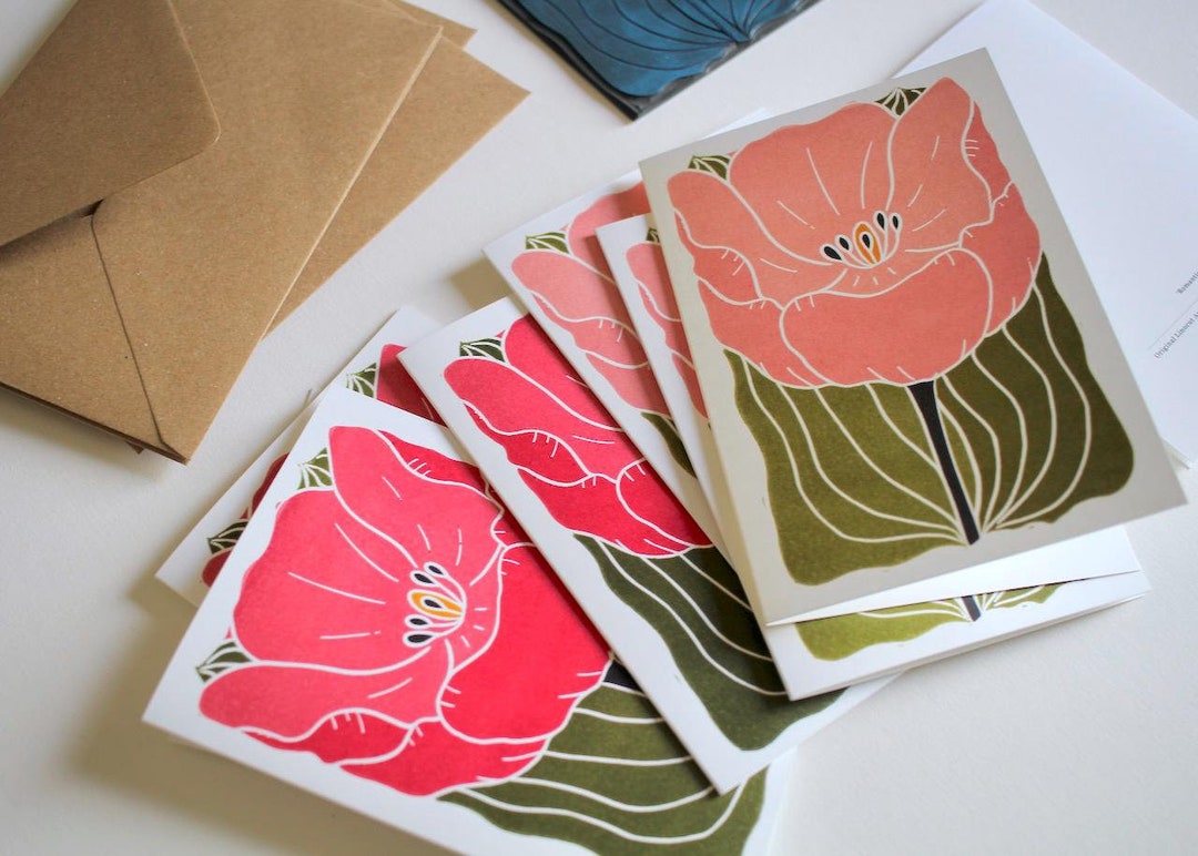 Pink Tulip Flower Notecards: Linocut Floral Art Cards, Set of 8 - Etsy