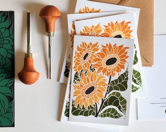 Linocut Joy Bloom Sunflowers Notecards - Set of 8 | Summer Sunflower Note Cards / Thank You Cards / Correspondence Cards & Envelopes