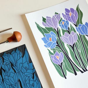 Joy Bloom Crocus Flowers Linocut | A5 or A4 Art Print on Cotton Paper