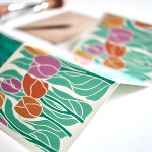 Linocut Springtime Tulips Card - Single Concertina Card with Envelope / Pastel tulip flowers / Easter, spring, birthday folded greeting card