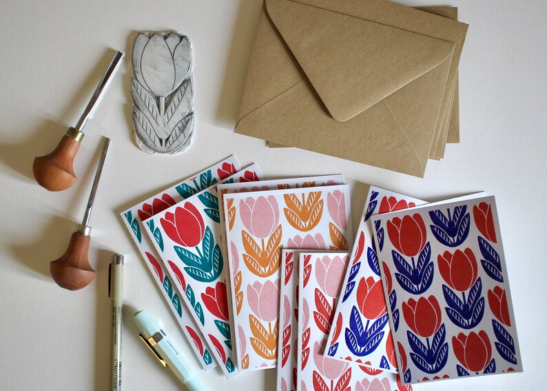 Tulip Flower Block Print Notecards - Set of 8 | Linocut Pattern Note ...