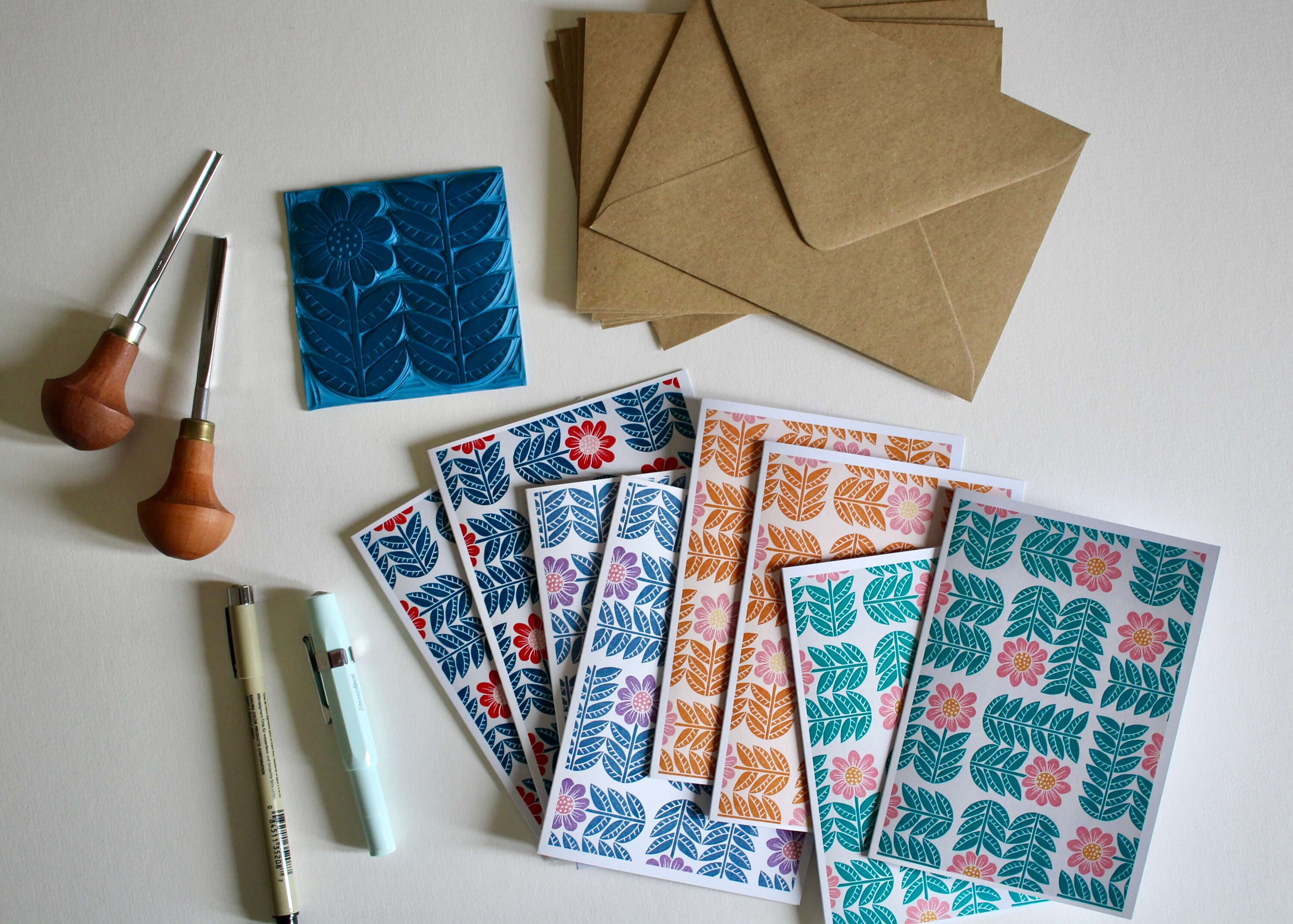 Garden Flower Block Print Pattern Notecards - - Set of 8 Floral Cards ...