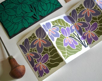 Violet Flower Garland Card (Linocut February Birth Flower) | Single Card & Envelope