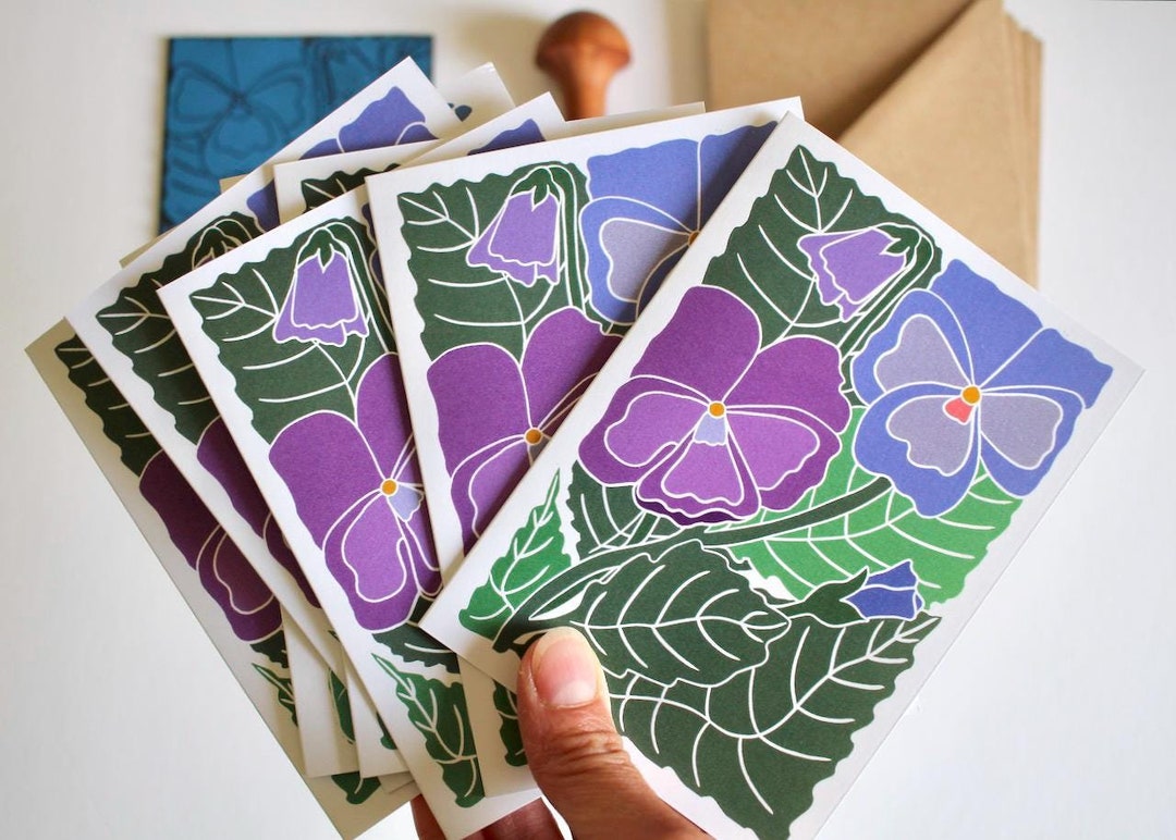 Linocut Notes Pansy Flower Linocut Art Notecards - Set of 8 | Linocut Floral Pansies ...