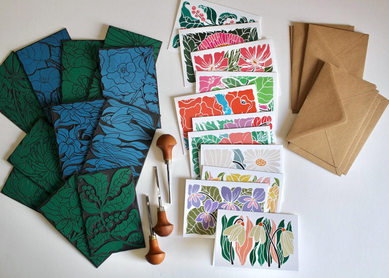 Linocut Notes Birth Flower Linocut Art Note Card Set: Pack of 12 Cards & Envelopes - Etsy