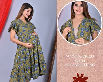 Postpartum Dress For Pregnant Women Breastfeeding Zip, Jaipuri Print Maternity Dress For Nursing, Mommy And Me Outfit, Baby Shower Dress