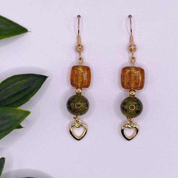 18k gold plated green and amber dangle earrings