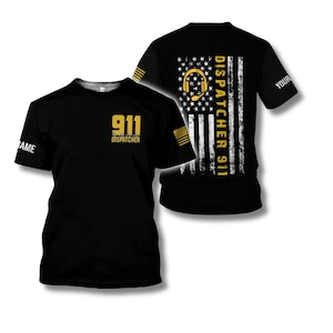Personalized 911 Dispatcher Shirt & Hoodie, Custom Name Sleeve, Thin Gold Line Flag Design